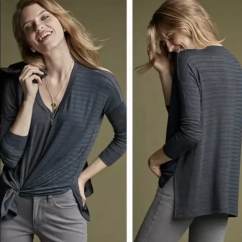 CAbi Hybrid Top High Low Blue and Gray Long Sleeve Tee Small